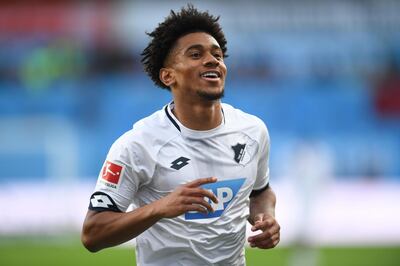 Hoffenheim's English forward Reiss Nelson celebrates scoring his team's first goal during the German first division Bundesliga football match of Bayer Leverkusen vs TSG 1899 Hoffenheim in Leverkusen, western Germany, on November 03, 2018.
  - DFL REGULATIONS PROHIBIT ANY USE OF PHOTOGRAPHS AS IMAGE SEQUENCES AND/OR QUASI-VIDEO 
 / AFP / Patrik STOLLARZ / DFL REGULATIONS PROHIBIT ANY USE OF PHOTOGRAPHS AS IMAGE SEQUENCES AND/OR QUASI-VIDEO 
