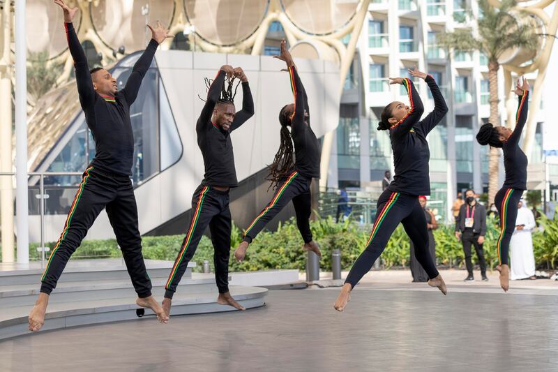 A group representing different cultural areas in Jamaica perform at Al Wasl Plaza, taking visitors on a journey of the island’s rich musical heritage through dance.  Expo 2020 Dubai