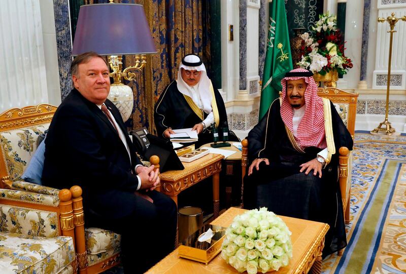 Saudi Arabia's King Salman, right, meets US Secretary of State Mike Pompeo in Riyadh. AFP