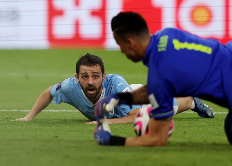 Manchester City's Bernardo Silva has his chance saved by Fluminense's Fabio. Reuters