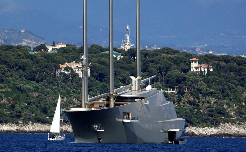 The 142-metre sail-assisted motor yacht 'Sailing Yacht A', owned by Russian tycoon Andrey Melnichenko, off Monaco harbour. Reuters