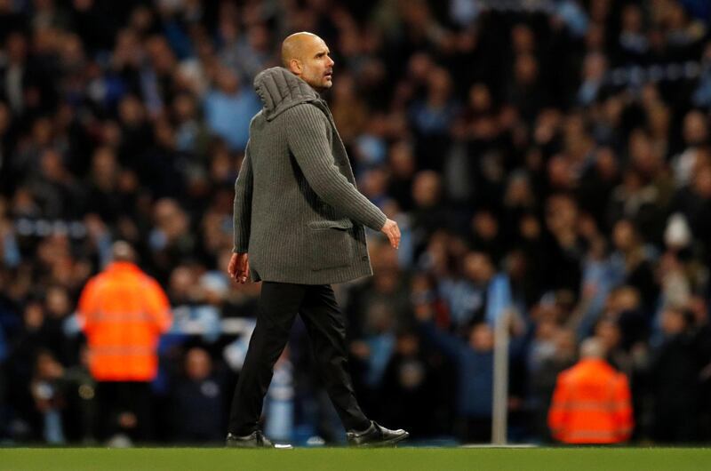 Soccer Football - Premier League - Manchester City v Manchester United - Etihad Stadium, Manchester, Britain - November 11, 2018  Manchester City manager Pep Guardiola celebrates after the match  REUTERS/Darren Staples  EDITORIAL USE ONLY. No use with unauthorized audio, video, data, fixture lists, club/league logos or "live" services. Online in-match use limited to 75 images, no video emulation. No use in betting, games or single club/league/player publications.  Please contact your account representative for further details.