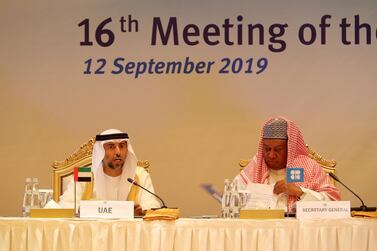 UAE's Minister of Energy and Industry Suhail Al Mazrouei and Opec's secretary general Mohammad Barkindo at the alliance's joint ministerial monitoring committee meeting in Abu Dhabi in 2019. Pawan Singh / The National