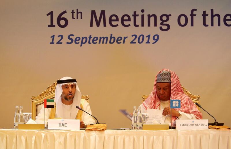 ABU DHABI ,  UNITED ARAB EMIRATES , SEPTEMBER 12 – 2019 :- Left to Right – Suhail Mohammed Al Mazroui , Minister of Energy, UAE and Mohammad Barkindo , Secretary General , OPEC during the Opec Joint Ministerial Monitoring Committee Meeting held at the Emirates Palace in Abu Dhabi. ( Pawan Singh / The National ) For Business. Story by Jennifer