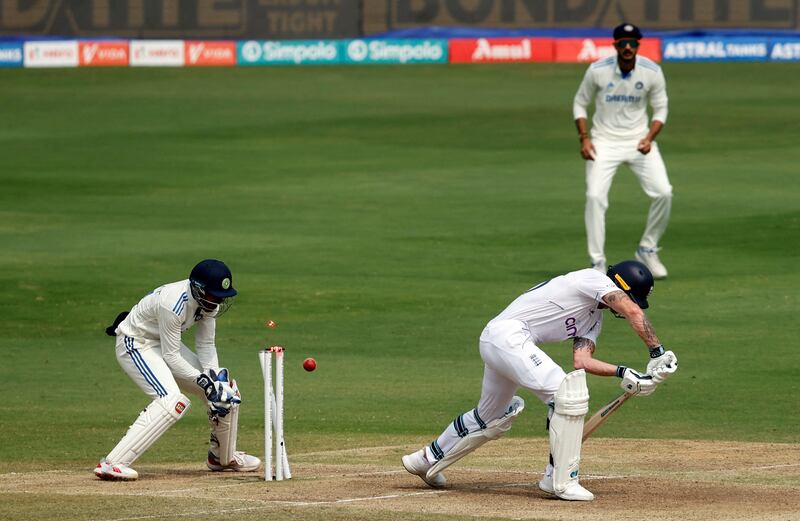 England captain Ben Stokes is clean bowled for six by India's Ravichandran Ashwin. Reuters