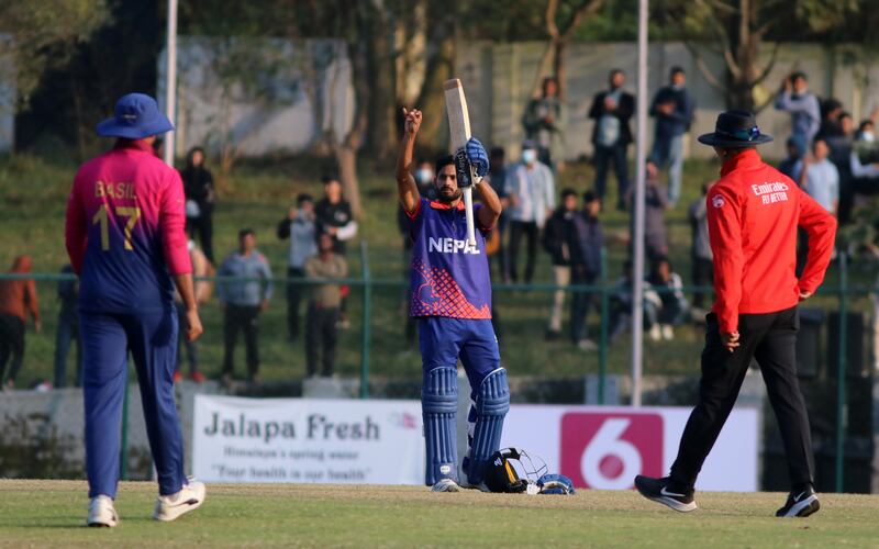 Aarif Sheikh of Nepal celebrates victory after finishing unbeaten on 33.