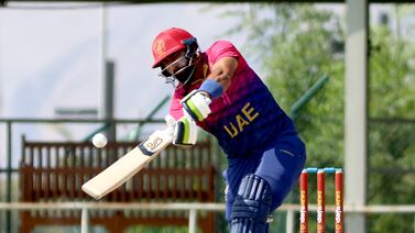Muhammad Waseem of the UAE plays a shot in the final of ACC Men's Premier Cup 2024 against Oman at Oman Cricket Stadium in Al Amerat, Muscat, on April 21,  2024. Subas Humagain for The National
