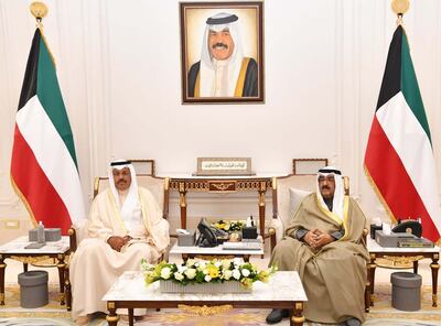 Kuwait's Crown Prince Sheikh Mishal Al Ahmad Al Jaber Al Sabah receives Prime Minister Sheikh Ahmad Nawaf Al Ahmad Al Sabah. Crown Prince Diwan / Kuna