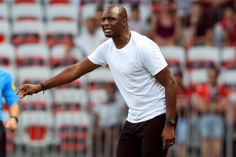 Nice's French coach Patrick Vieira reacts during the French L1 football match between Nice and Reims on August 11, 2018 at the "Allianz Riviera" stadium in Nice, southeastern France. (Photo by VALERY HACHE / AFP)