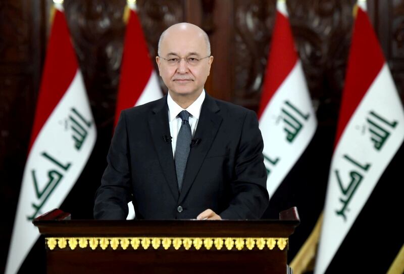 Iraq's President Barham Salih delivers a televised speech to people in Baghdad, Iraq October 31, 2019. The Presidency of the Republic of Iraq Office/Handout via REUTERS ATTENTION EDITORS - THIS IMAGE WAS PROVIDED BY A THIRD PARTY.