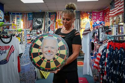 Many of the items for sale take aim at US President Joe Biden. Joshua Longmore / The National