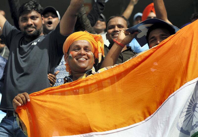 Dubai, United Arab Emirates - September 23, 2018: India fans before the game between India and Pakistan in the Asia cup. Sunday, September 23rd, 2018 at Sports City, Dubai. Chris Whiteoak / The National