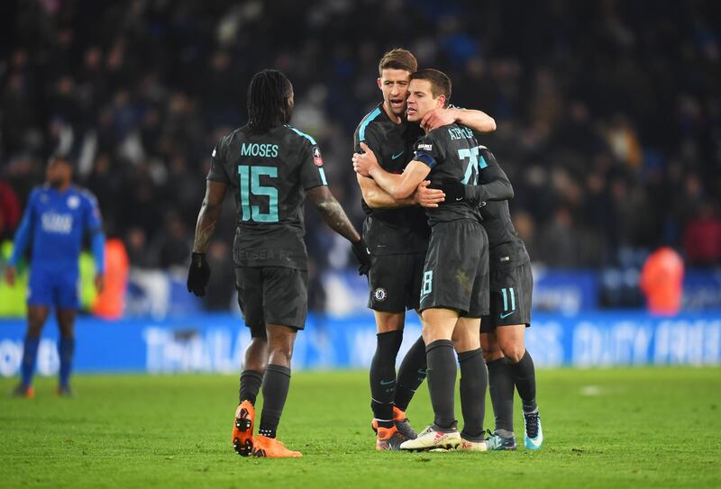 LEICESTER, ENGLAND - MARCH 18:  Victor Moses, Gary Cahill, Cesar Azpilicueta and Pedro of Chelsea celebrate victory after The Emirates FA Cup Quarter Final match between Leicester City and Chelsea at The King Power Stadium on March 18, 2018 in Leicester, England.  (Photo by Michael Regan/Getty Images)