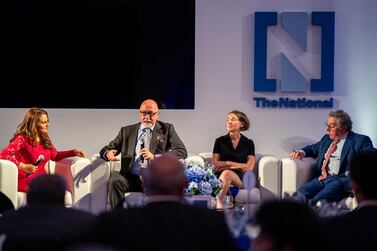 Mina Al-Oraibi, The National's Editor-In-Chief hosts a Gulf Security panel in London with guests, left to right: Sir John Jenkins, Emma Sky and Con Coughlin. Noah Goodrich for The National