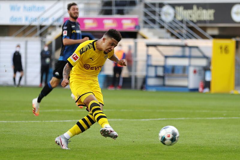 Jadon Sancho scores their sixth goal at Paderborn. Reuters