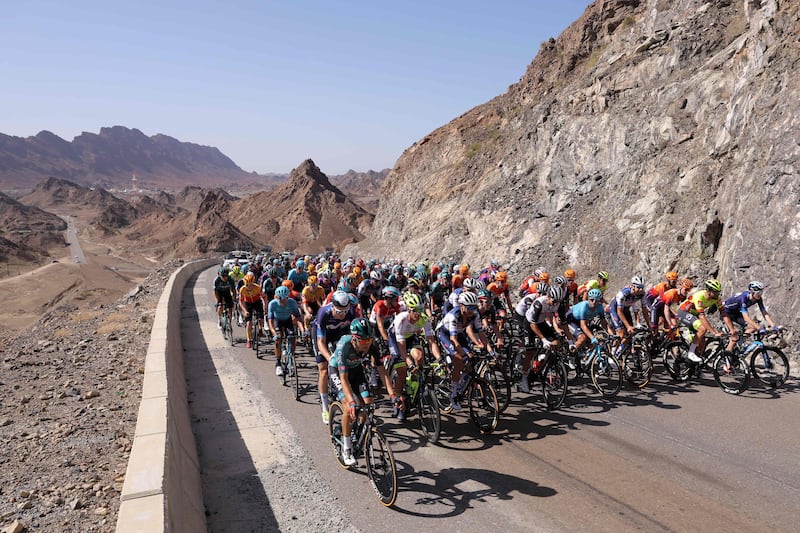 The pack on the first stage of the 2023 Tour of Oman, from Al Rustaq Fort to Oman Convention and Exhibition Centre, on Saturday. AFP