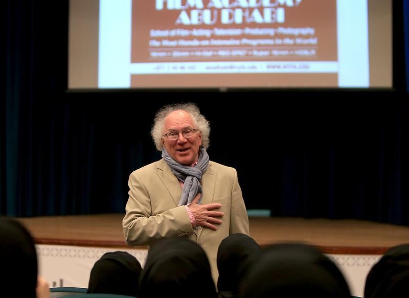 Allan Nicholls, artistic director of the New York Film Academy, talking yesterday to pupils from Abu Dhabi Vocational Education and Training Institute where he urged them to consider careers in filmmaking. Ravindranath K / The National

