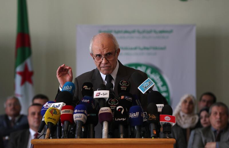 epa07967312 President of the Independent National Electoral Authority Mohamed Charfi speaks during a press conference in Algiers, Algeria, 02 November 2019. According to reports, Charfi said five candidates are on the final list of candidates running for presidency. Presidential elections in Algeria are scheduled for 12 December 2019.  EPA/MOHAMED MESSARA