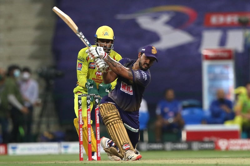 Nitish Rana of Kolkata Knight Riders plays a shot during match 21 of season 13 of the Dream 11 Indian Premier League (IPL) between the Kolkata Knight Riders and the Chennai Super Kings at the Sheikh Zayed Stadium, Abu Dhabi  in the United Arab Emirates on the 7th October 2020.  Photo by: Pankaj Nangia  / Sportzpics for BCCI