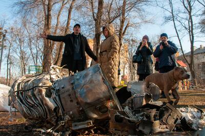 Fragments of military equipment on the street in the aftermath of an apparent Russian strike in Kharkiv. AP 