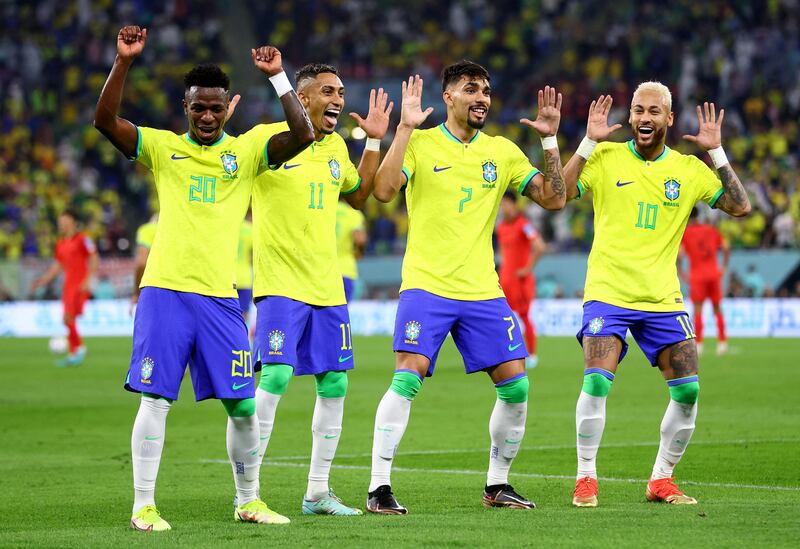 Brazil's Neymar celebrates scoring their second goal with Vinicius Junior, Raphinha and Lucas Paqueta. Reuters