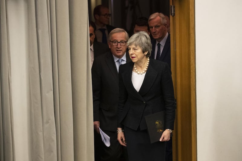 Theresa May, U.K. prime minister, right, and Jean-Claude Juncker, president of the European Commission, arrive to a news conference in Strasbourg, France, on Monday, March 11, 2019. The pound surged as the British government said it had secured changes to its divorce deal from the European Union and planned to hold a vote in the U.K. parliament. Photographer: Alex Kraus/Bloomberg