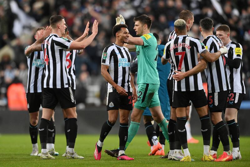 Newcastle United players celebrate at the final whistle.  Getty