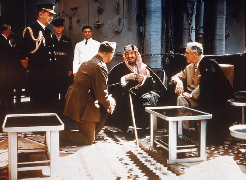 American president Franklin Delano Roosevelt meets with King Ibn Saud of Saudi Arabia, chief of staff William D. Leahy and Col William A Eddy, minister to Saudi Arabia, aboard a United States warship on February 20, 1945. Photo: Getty Images