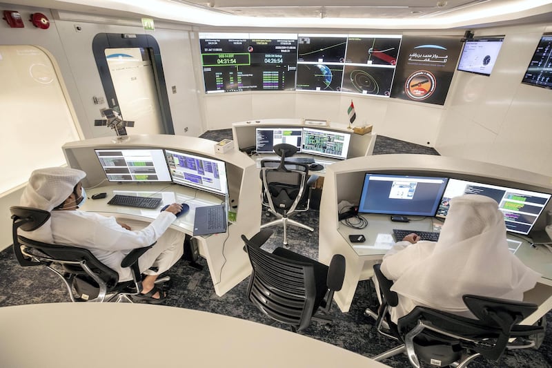DUBAI, UNITED ARAB EMIRATES. 27 JULY 2020. MBRSC headquarters in Al Khawaneej. One week today since the Hope probe launched to Mars. LtoR: Mohammed Alblooshi, Flight Controller and Hamad Alhazami, Command and Control operator. (Photo: Antonie Robertson/The National) Journalist: Sarwat Nasir. Section: National.