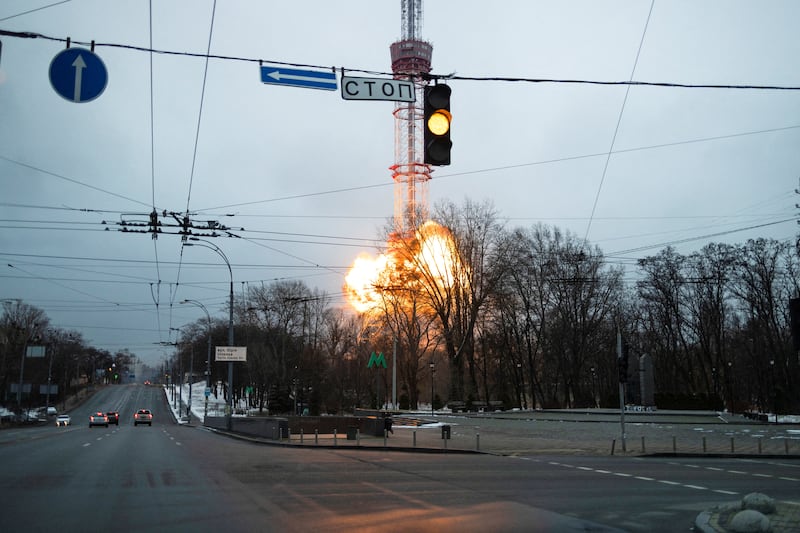 A blast is seen at Kyiv's TV tower. Reuters