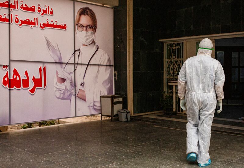 A staff member in protective gear at Basra University Hospital, where Covid-19 patients in the southern Iraqi city are treated.