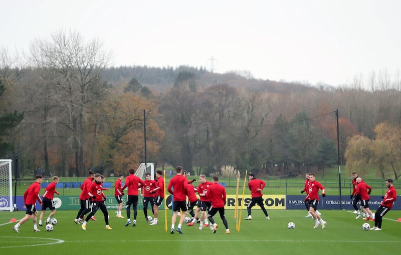 The Welsh squad at training. PA