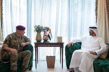 Sheikh Mohamed bin Zayed, Crown Prince of Abu Dhabi and Deputy Supreme Commander of the Armed Forces, meets with Lieutenant General Sir John Lorimer, the UK's senior defence adviser to the Middle East. Mohamed Al Hammadi / Ministry of Presidential Affairs