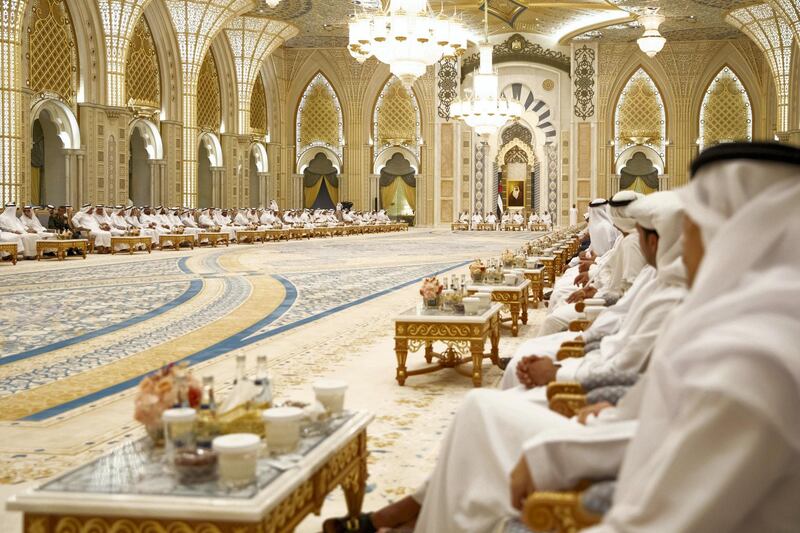 ABU DHABI, UNITED ARAB EMIRATES - May 08, 2019: (Centre L- Centre R) HH Sheikh Saud bin Rashid Al Mu'alla, UAE Supreme Council Member and Ruler of Umm Al Quwain, HH Sheikh Hamad bin Mohamed Al Sharqi, UAE Supreme Council Member and Ruler of Fujairah, HH Sheikh Humaid bin Rashid Al Nuaimi, UAE Supreme Council Member and Ruler of Ajman, HH Sheikh Mohamed bin Rashid Al Maktoum, Vice-President, Prime Minister of the UAE, Ruler of Dubai and Minister of Defence, HH Sheikh Mohamed bin Zayed Al Nahyan, Crown Prince of Abu Dhabi and Deputy Supreme Commander of the UAE Armed Forces, HH Sheikh Saud bin Saqr Al Qasimi, UAE Supreme Council Member and Ruler of Ras Al Khaimah and HH Sheikh Sultan bin Mohamed Al Qasimi, Crown Prince of Sharjah, attend an iftar reception at the Presidential Palace. 
( Hamad Al Mansoori / for the Ministry of Presidential Affairs )
---