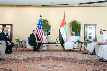 UAE National Security Adviser Sheikh Tahnoon bin Zayed receives US Secretary of State Mike Pompeo in Abu Dhabi, with Sheikh Abdullah bin Zayed, Minister of Foreign Affairs and International Co-operation. Wam