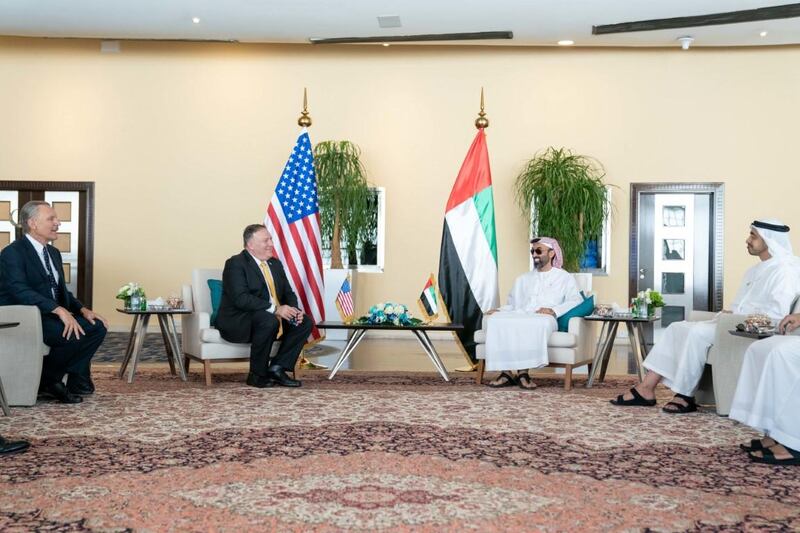 ABU DHABI, UNITED ARAB EMIRATES - August 26, 2020: HH Sheikh Tahnoon bin Zayed Al Nahyan, UAE National Security Advisor (2nd R), meets with Michael R. Pompeo, Secretary of State of the United States of America (3rd R), at Al Shati Palace. Seen with HH Sheikh Abdullah bin Zayed Al Nahyan, UAE Minister of Foreign Affairs and International Cooperation (R).

( Rashed Al Mansoori / Ministry of Presidential Affairs )
---
