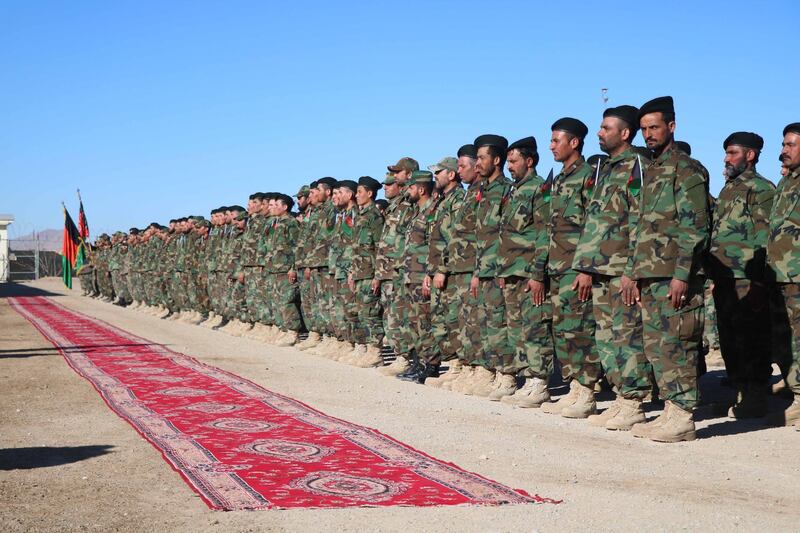 epa08970772 Afghan National Army (ANA) soldiers attend graduation ceremony, from the 207 Zafar Corps training center in Herat, Afghanistan, 28 January 2021. At least 600 Afghan National Army graduated after a few weeks of training.  EPA/JALIL REZAYEE
