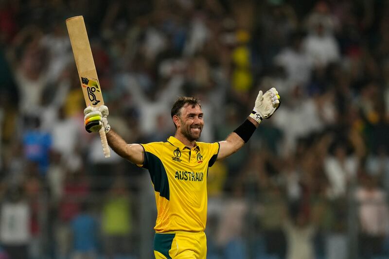 Australia's Glenn Maxwell celebrates the win and his double century against Afghanistan in their World Cup match at the Wankhede Stadium in Mumbai on Tuesday, November 7, 2023. AP
