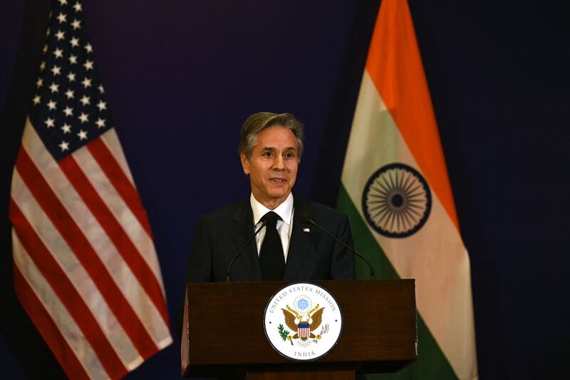 Antony Blinken speaks on the sidelines of the G20 foreign ministers' meeting in New Delhi on Thursday. AFP