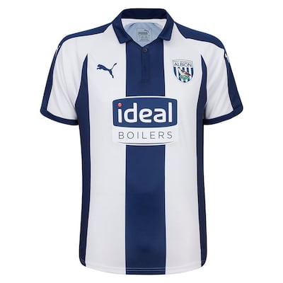 West Brom's 2018-19 home kit, with Boiler Man sadly out of shot. www.wbashop.co.uk