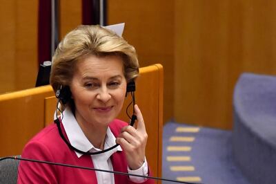Ursula von der Leyen, president of the European Commission, adjusts her headphones in the hemicycle of the European Parliament in Brussels, Belgium, on Wednesday, May 27, 2020. The European Union’s executive arm will propose a new fiscal stimulus package of as much as 750 billion euros ($823 billion) in an unprecedented push to overcome the deepest recession in living memory, according to a tweet by European Commissioner Paolo Gentiloni. Photographer: Geert Vanden Wijngaert/Bloomberg
