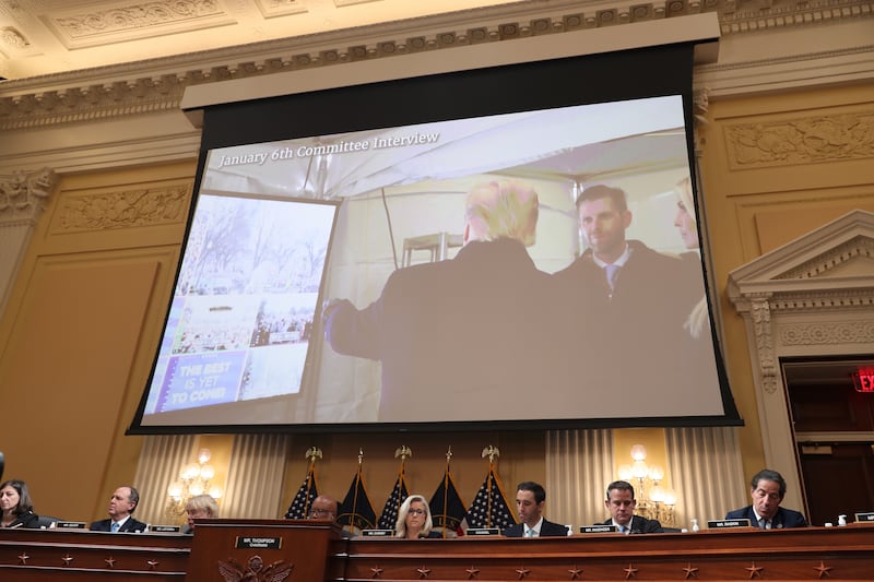 Mr Trump appears in a video taken on January 6 as Ms Hutchinson presents her evidence to the committee. EPA