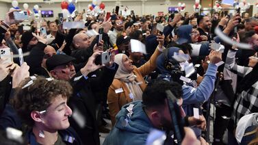 Confetti flies as Dearborn mayor candidate Abdullah Hammoud prepares to speak to supporters at the election night gathering in Dearborn, Michigan, in November 2021. AP