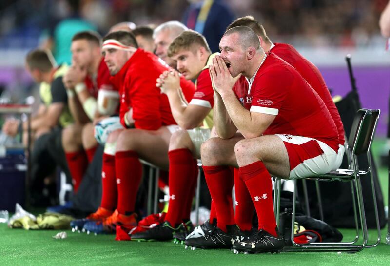 Wales' Ken Owens appears dejected on the bench during the 2019 Rugby World Cup Semi Final match at International Stadium Yokohama. PA Photo