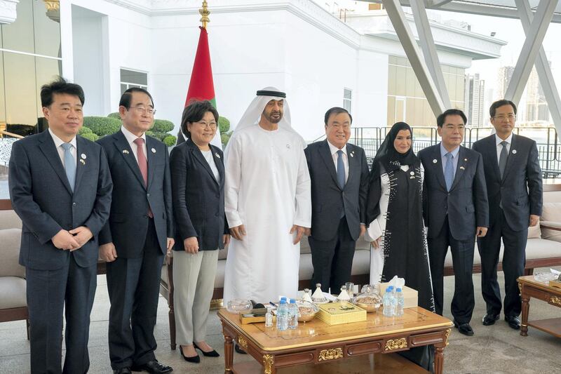 ABU DHABI, UNITED ARAB EMIRATES - December 5, 2018: HH Sheikh Mohamed bin Zayed Al Nahyan, Crown Prince of Abu Dhabi and Deputy Supreme Commander of the UAE Armed Forces (4th L), stands for a photograph HE Moon Hee-Sang, President of National Assembly of South Korea (5th L), during a Sea Palace barza. Seen with HE Dr Amal Abdullah Al Qubaisi, Speaker of the Federal National Council (FNC) (6th L).

( Ryan Carter / Ministry of Presidential Affairs )
---