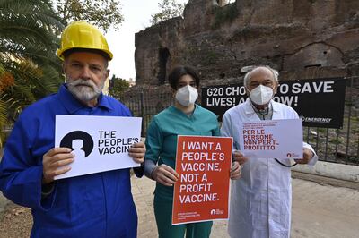 A demonstration to denounce the situation of inequality of access to vaccines in the world in Rome in 2021. AFP