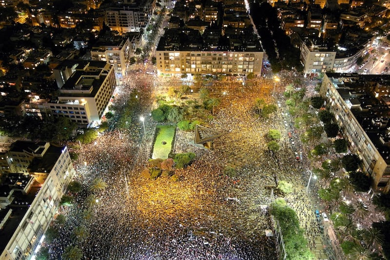 A general view shows Rabin square as Israelis protest against the government's response to the financial fallout of the coronavirus disease  crisis in Tel Aviv.  REUTERS