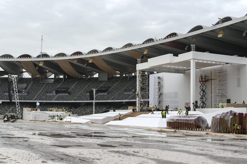 Abu Dhabi, United Arab Emirates - Preparations in full wing at Zayed Sports Stadium for the Papal mass on Tuesday February 5 in Abu Dhabi,  February 3, 2019. Khushnum Bhandari for The National