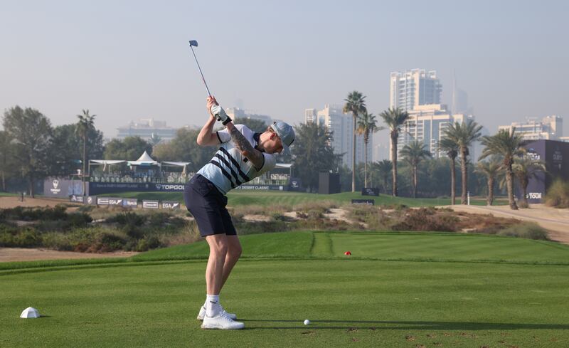 Everton and England goalkeeper Jordan Pickford plays a shot during the pro-am.