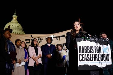 WASHINGTON, DC - NOVEMBER 13: U. S.  Rep.  Alexandria Ocasio-Cortez (D-NY) speaks at a news conference calling for a ceasefire in Gaza outside the U. S.  Capitol building on November 13, 2023 in Washington, DC.  House Democrats held the news conference alongside rabbis with the activist group Jewish Voices for Peace.    Anna Moneymaker / Getty Images / AFP (Photo by Anna Moneymaker  /  GETTY IMAGES NORTH AMERICA  /  Getty Images via AFP)